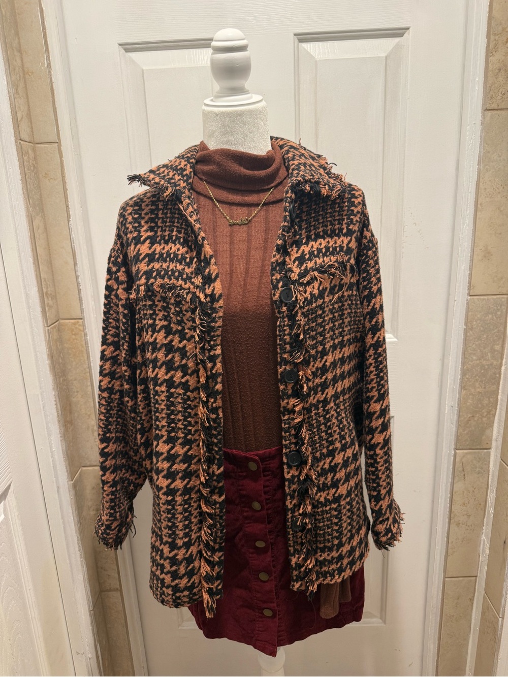 HYFVE Black & Brown Houndstooth Fringe Button-Up Jacket